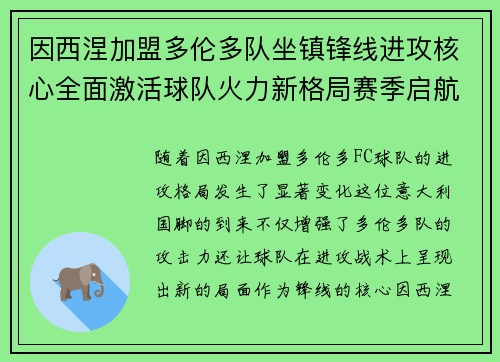因西涅加盟多伦多队坐镇锋线进攻核心全面激活球队火力新格局赛季启航